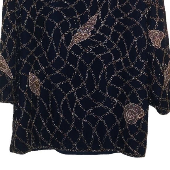 Vintage HARRISON MORGAN Sz 1X Women's Navy Silver Pearl Beaded Seashells Blouse - Picture 10 of 10